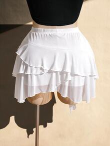 SHEIN ICON 女款大尺碼純色荷葉邊下擺休閒百搭迷你裙 - 白色 - 查看 2