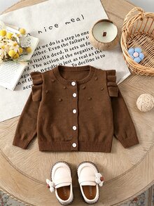 Elladie kids 女嬰秋冬單排釦荷葉邊袖口針織開襟衫 - 棕色 - 查看 1