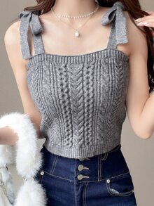 FRIFUL Women's Solid Color Tie-Strap Knit Camisole Cardigan 2 Pieces Set Brunch Grey Autumn Elegant - Grey - View 3