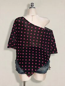 SHEIN ICON 女款大尺碼性感波點不對稱下擺網紗上衣 - 彩色 - 查看 2