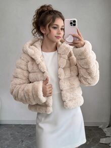 1件女童柔軟毛絨外套，優雅高貴長袖短版修身連帽外套，適合秋冬穿著 - 杏色 - 查看 2
