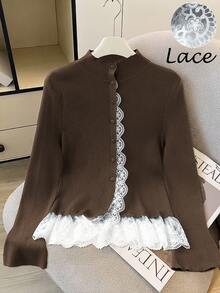 GlowEve CURVE Plus Size Women's Lace Patchwork Casual Daily Cardigan - Coffee Brown - View 4