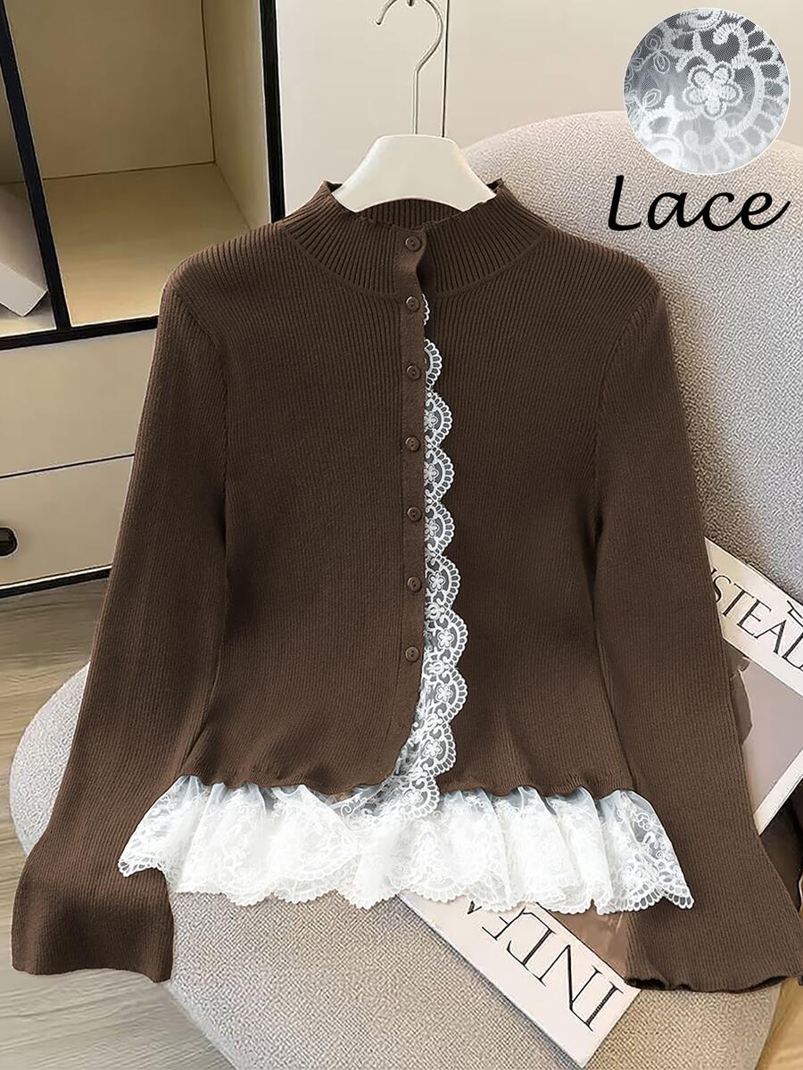GlowEve CURVE Plus Size Women's Lace Patchwork Casual Daily Cardigan - Coffee Brown - View 1
