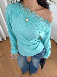Siren Gaze Women's Textured Pleated Waist Lace Patchwork Top Turquoise,Teal Blue,Light Blue - Mint Blue - View 8