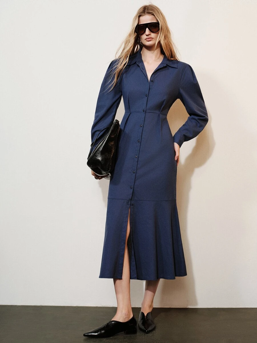 Aveloria Modichic Gaun Panjang Kasual Wanita Warna Polos untuk Sehari-hari di Musim Panas - Navy Blue - View 1