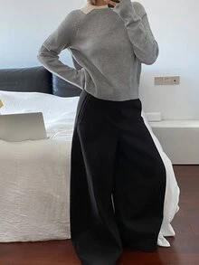 DAZY 女款拼接撞色寬鬆長袖領口休閒度假韓風日常秋冬針織毛衣 - 灰色 - 查看 3