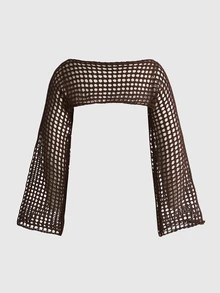 ROMWE Grunge Punk Plus Size Ultra Cropped Faux Crochet Hollow Out Sweater - Brown - View 2