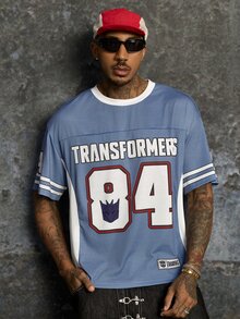 Transformers X SHEIN تي شيرت رجالي كاجوال يومي بأكمام قصيرة مطبوع عليه حروف وأرقام - ازرق ضبابي - مشاهدة 4