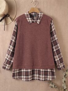 Rusticease Plus Size Vintage Elegant Casual 90s Kawaii Plaid Patchwork Long Sleeve 2 In 1 Shirt Autumn Thanksgiving Teacher Birthday Formal Graduation Brown - Brown - View 4