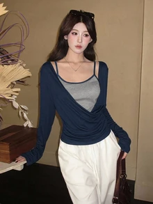 DAZY Women's Contrast Color Camisole Top With Long Sleeve Casual Elegant T-Shirt - Blue - View 5