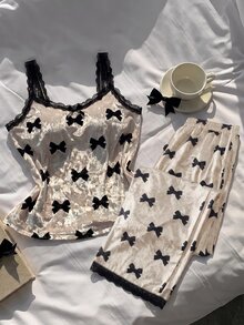 Comfortcana Women's Lace Patchwork Bow Pattern Camisole Top And Long Pants 2 Pieces Set - Multicolor - View 4