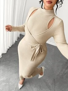 Elenzga Gaun Panjang Bodycon Rajut Bergaris Halus Ukuran Besar Musim Gugur/Dingin, Elastis, Nyaman, Lengan Panjang, Desain Ikat Pinggang, Pakaian Dalam Elegan untuk Perjalanan Musim Gugur - Khaki - View 5