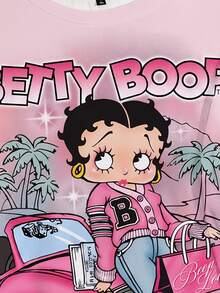 Betty Boop x SHEIN 大尺碼卡通印花圓領短袖時尚T恤秋季上衣 - 白色 - 查看 4