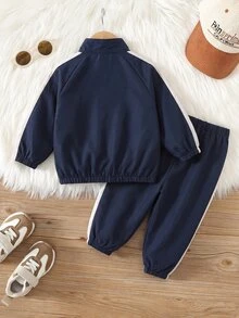 SHEIN 男女嬰幼兒 2件組秋冬休閒時尚拼色拼接立領運動衫套裝，夾克套裝，嬰兒運動服，嬰兒冬季衣物 - 藏蓝色 - 查看 2