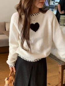 DAZY White Round Neck Black Heart Pattern Embroidered Loose Long Sleeve Casual Sweet Versatile Knit Sweater - White - View 4