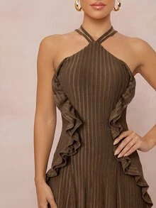 Lumalex New Knit Jacquard Tree Pattern Ruffle Trim Sleeveless Tie Halter Neck Long Dress - Brown - View 9