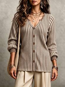 RosyDaze Women's Striped Dropped Shoulder Long Sleeve Single-Breasted Casual French Elegant Knit Cardigan Office Brown Striped Autumn - Coffee Brown - View 4