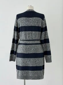 Sunspun Cardigan Panjang Kasual Serbaguna Motif Garis-Garis Blok Warna Longgar untuk Musim Gugur/Dingin - MultiWarna - View 2