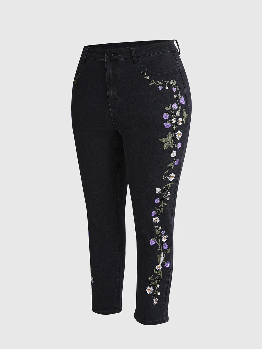ROMWE Grunge Punk Plus Size Mori Style Floral Rabbit Butterfly Print Butt-Lifting Slimming Skinny Leg Jeans - Black - View 1