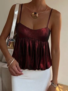 Livesso 女款金色亮片細肩帶背心上衣 - 酒紅色 - 查看 5