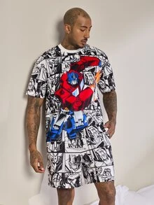 Transformers X SHEIN Set Pakaian Santai Pria Motif Kartun Lengan Pendek Atasan dan Celana Pendek - Hitam dan Putih - View 4