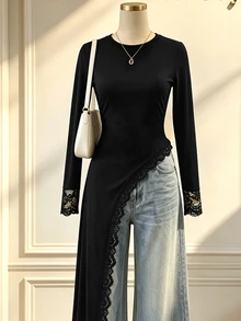 GlowEve Women's Solid Color Round Neck Long Sleeve Contrast Lace Asymmetrical Hem T-Shirt - Black - View 3