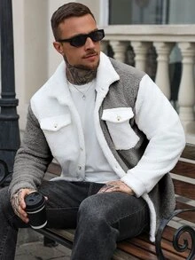 Manfinity CasualCool 男士純色對比飾邊鈕扣前襟口袋毛絨長袖休閒夾克，高領 - 灰色 - 查看 3