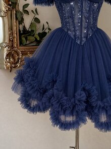 Lovelzi Women's Ruffle Mesh Ruffle Waist Sequin Design Glamorous Ball Gown Dress - Navy Blue - View 6