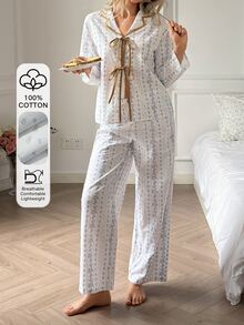 DAZY Women's Ditsy Floral Front Tie Long Sleeve Top And Long Pants Pajama Set - White - View 5