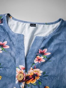 SHEIN 女款梭織印花休閒秋季襯衫 - 藍色 - 查看 3
