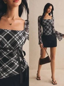 Poéselle 女款格紋方領喇叭袖綁腰時尚上衣 - 黑與白 - 查看 2