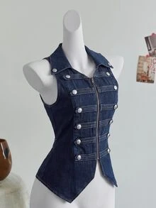 Elamini Women's Denim Napoleon Vest Jacket - Blue - View 3