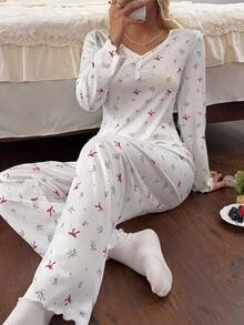 CottageSlumber Women's V-Neck Button Decor Christmas Cherry & Bow Print Knit Long Sleeve Pants Pajama Set - Beige - View 7