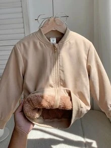 SHEIN 男童燈芯絨加絨拉鍊棒球夾克填充外套，超高 CP 值，適合通勤、上學、日常休閒、大學、旅行、運動，秋冬款 - 彩色 - 查看 3