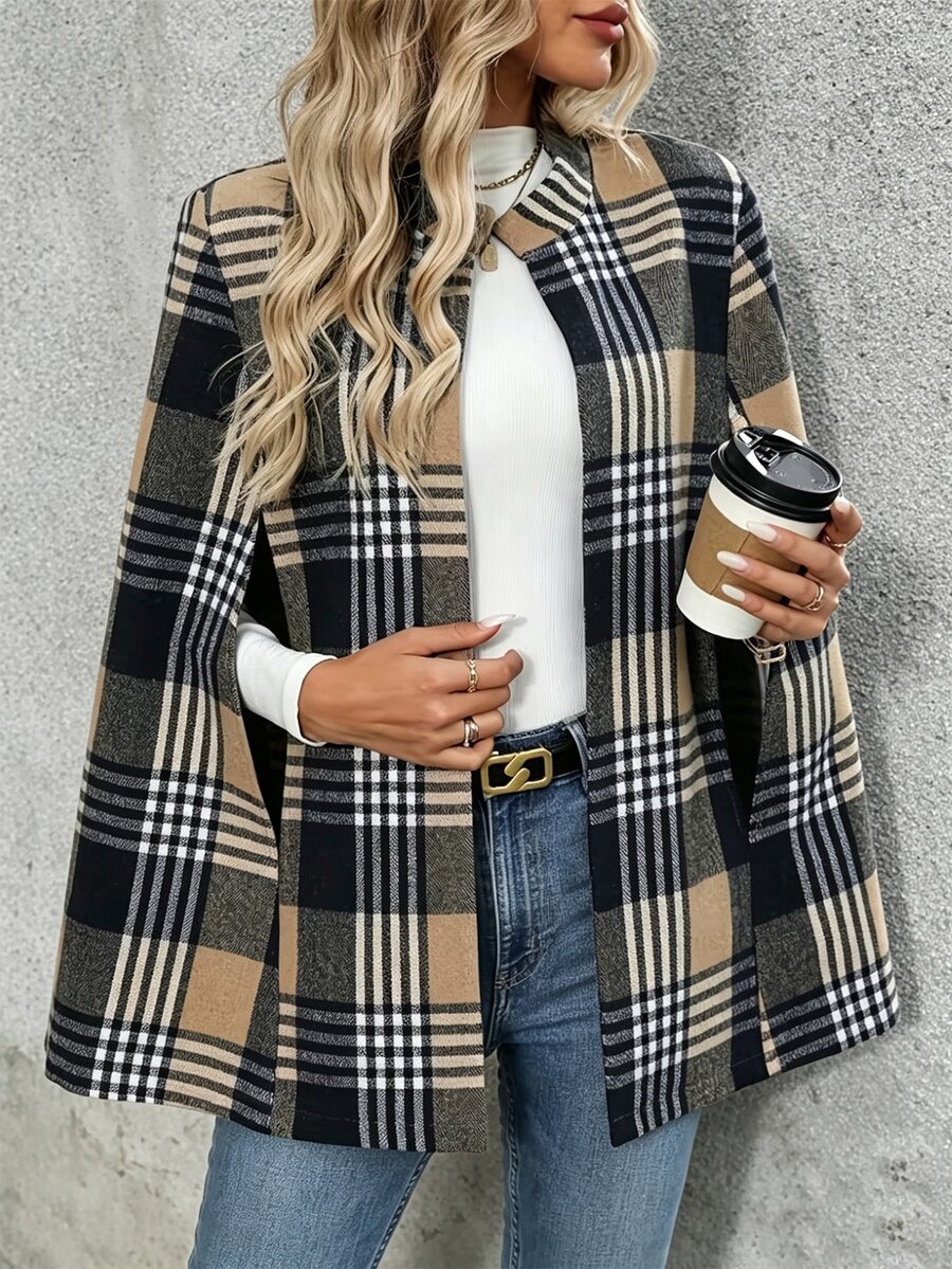 SHEIN British Style Brown Black Plaid Cape Coat Women Stand Collar Open Front Loose Wool Blend Mid Length Jacket - Khaki - View 1