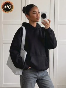 SHEIN 青少年女孩休閒緊身寬鬆口袋長袖抓絨內裡運動衫 時尚婚禮賓客派對 黑白配色 秋冬款 - 黑色 - 查看 5
