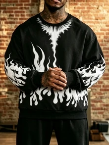 GymRaken Men's Flame Print Crew Neck Long Sleeve Casual Sports Sweatshirt - Black - View 3