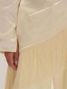 MUSEYN Cream Satin Tassel Fringe Hem Ruched Cinched Top Versatile Everyday Casual Fall Date Night - Apricot - View 8
