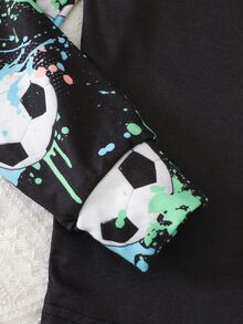 SHEIN Tween Boy Soccer Smiling Face Pattern Crew Neck Long Sleeve Pants Casual Comfortable Fitted Home Sleepwear Set 2pcs - Multicolor - View 4
