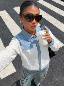 Livesso Women's Single-Breasted Colorblock Casual Daily Denim Jacket - Blue and White - View 4