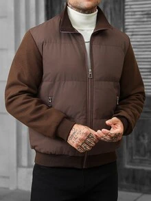 Manfinity Homme 男士羊毛拼接填充外套，絎縫袖棒球夾克，休閒立領全拉鍊羅紋袖口秋冬填充外套 - 咖啡棕 - 查看 5