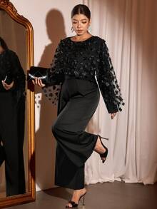 Cravure Plus Size Women's Party 3D Floral Long Sleeve Black Jumpsuit - Black - View 5