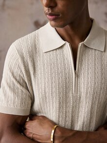 AKNOTIC Men's Fashion Half-Zip Short Sleeve Knit Top - Apricot - View 2