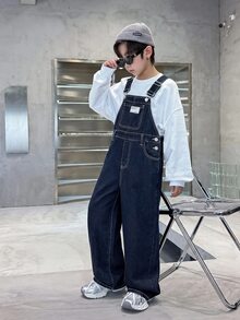 SHEIN Celana Jeans Denim Longgar, Nyaman, Sederhana, Bertekstur Halus, Hangat, dan Bergaya untuk Kepergian ke Sekolah (Warna Hitam) - Biru - View 6