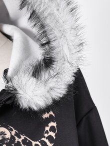 SHEIN 青少年女孩秋冬純色時尚數位印花豹紋連帽外套，附毛領拉鍊式衛衣，舒適抓絨內裡，適合返校或日常戶外穿著 - 黑色 - 查看 6
