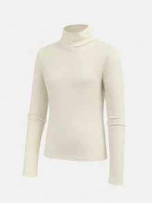 Tween Girls Autumn/Winter White Knitted High Neck Casual Slim Fit Ribbed Textured Base Layer Top, Versatile Simple T-Shirt - White - View 4
