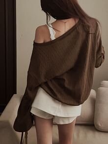 DAZY Sweater Wanita Warna Polos Rajut Longgar Leher V Dalam Lengan Panjang Kasual Gaya Vintage untuk Liburan Musim Semi/Gugur - Coklat - View 6