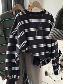 SHEIN LUNE 女款條紋拼接休閒日常長袖運動衫 - 白色 - 查看 1