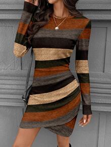 Comfylo Casual Spring Colorblock Ribbed Long Sleeve Fitted Waist Ruched Ribbed Elegant Plus Size Women's Short Dress Autumn/Winter - Multicolor - View 6