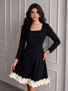 NOVVYNE Women's Short Dress, Elegant Square Neck Long Sleeve Contrast Color Ruffle Hem A-Line Black Dress Suitable For Party Birthday Outing Evening Vacation Autumn - Black - View 7